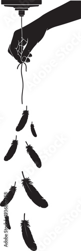 Feather duster silhouette. hand holding string with feathers attached. playful imagery for april fools day pranks and lighthearted fun