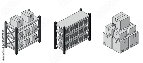 Warehouse shelving and stacked boxes organized in storage area