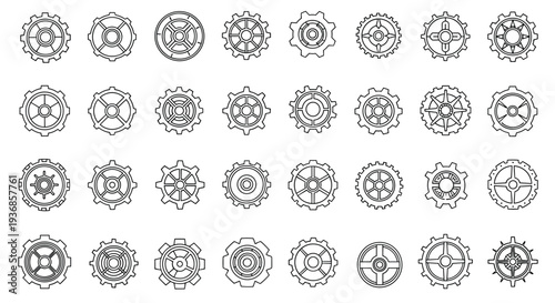 Extensive collection of different mechanical gear and sprocket icons in black outline style for engineering and industrial design applications.