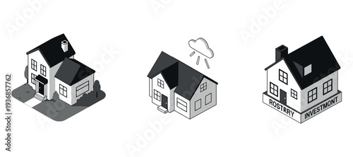 Residential houses in varied conditions on white background