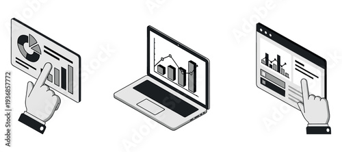 Analytics dashboard icons interacting with data displays