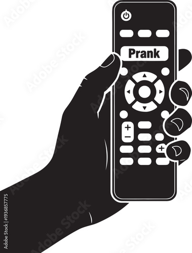 Prank remote control silhouette. hand pressing button labeled prank. concept of practical jokes and april fools day trickery and fun