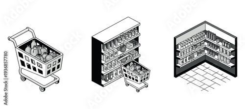 Shopping cart filled with groceries by supermarket shelves