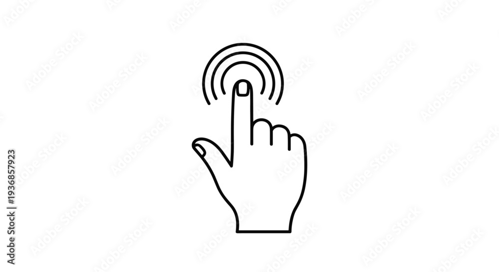 Obraz premium Minimalist black and white icon shows a hand with one finger extended touching a surface and creating concentric ripple lines for an interface.