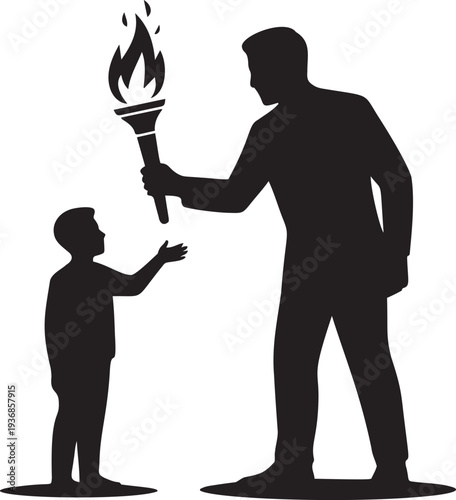 Father passing burning torch to young child symbolizing legacy and tradition