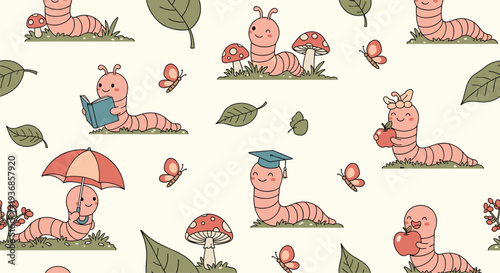 Whimsical seamless pattern features cute pink earthworms wearing hats, reading books, eating apples, and holding umbrellas in a garden setting.