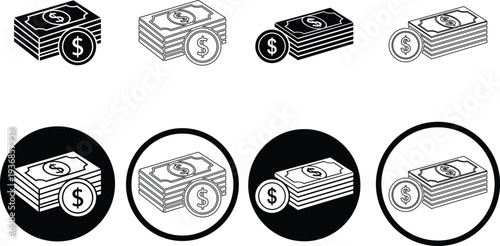 A black and white illustration of stacks of money in various orientations and oval frames