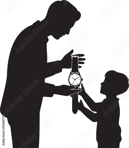 Father giving wristwatch to child representing time values and inheritance