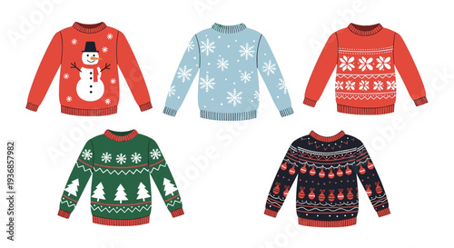 Collection of five colorful ugly Christmas sweaters featuring festive patterns like snowmen, snowflakes, and holiday trees for winter parties.