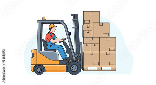 Professional warehouse worker wearing safety gear and driving a yellow forklift with a stack of cardboard boxes on a pallet for shipping.