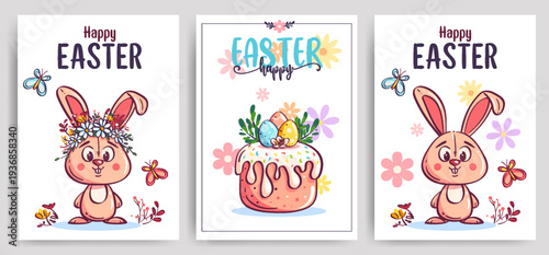 Spring greeting card set with cute bunny, Easter cake and painted eggs. Floral vertical banners for seasonal greetings, holiday posters, party invitations and religious celebration.