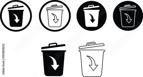 Recycling symbols and trash cans with arrows