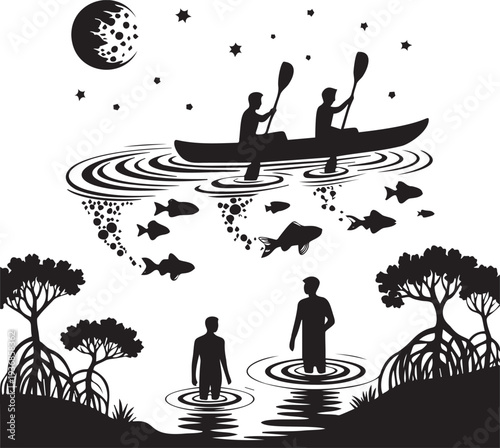 Kayakers paddling on river at night under moon and stars silhouette art
