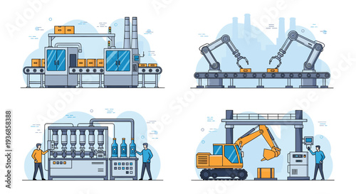 Various industrial scenes depicting modern factory production lines with robotic arms, heavy machinery, and professional human workers at work.