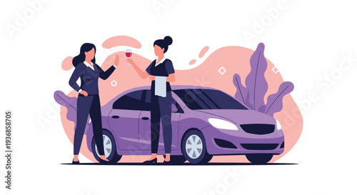 Responsible woman refusing a glass of wine offered by a friend while standing next to a car to prevent drink and drive accidents on the road.