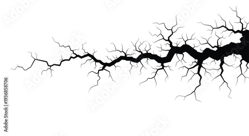 Dramatic black and white illustration of a large growing crack or fissure symbolizing ground fracture, structural failure, or an earthquake.