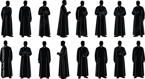 Set of sixteen black silhouettes of priests in traditional clerical robes and cassocks for religious concepts, church ministry, and spiritual community designs.