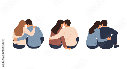 Set of three different couples sitting together on the ground showing affection and intimacy from a back view perspective during a quiet moment.
