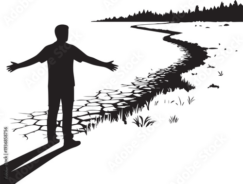 Silhouette man stands on cracked earth path leading to forest