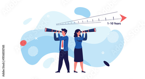 Business man and woman using telescopes to look towards a long term vision and timeline scale for future company success and development.