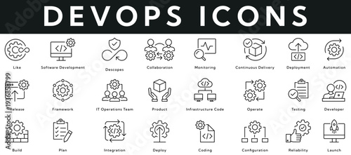 DevOps Icons vector illustration with thin line editable stroke containing software development, collaboration, monitoring, launch, reliability, coding, deploy, build, testing, framework, product