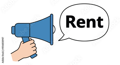 Illustration of a blue megaphone with a speech bubble displaying the word rent