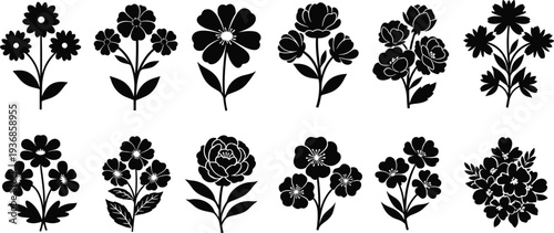 Set of twelve elegant black flower silhouettes with delicate petals and leaves, perfect for botanical branding, floral wedding invitations, and spring garden designs.