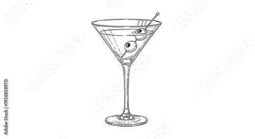 Classic martini cocktail illustration in a hand drawn sketch style featuring two olives on a toothpick in a stemmed glass for bar menus.