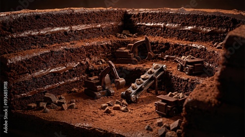 Chocolate cake styled as a construction site with edible vehicles. Fun birthday dessert for boy. Creative food art.