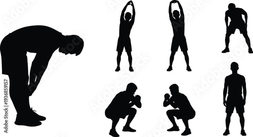 Silhouette Collection of a Man Performing Various Fitness Exercises and Stretching Poses Including Squats and Overhead Reaching for Health and Wellness