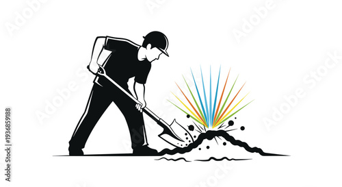 Construction worker silhouette digging into the ground with a shovel causing sparks and colorful light rays to emanate.