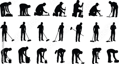Silhouette Collection of Men Working in Garden Cleaning and Manual Labor Poses Including Sweeping Digging and Planting for Professional Service Design