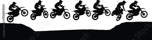 Silhouette Collection of Motocross Riders Jumping Dirt Bikes on Off Road Track Expressing Extreme Sports Action and Adrenaline for Racing Theme