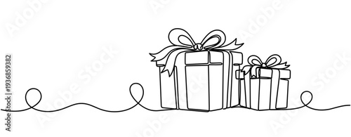 Stacked gift boxes with bows continuous line illustration on white. none editable strokes