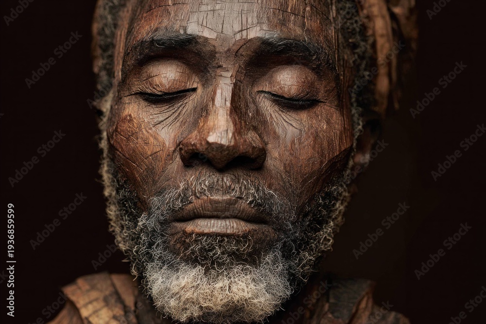 Obraz premium Portrait of man with closed eyes and textured cracked skin effect in artistic style on dark background with beard and calm expression for creative concept.