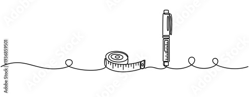 Measuring tape and pen standing on wavy line. none editable strokes
