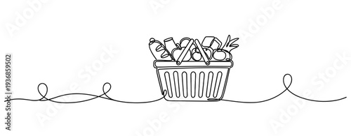 Shopping basket filled with groceries on simple line surface. none editable strokes