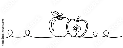 Pair of apples one halved placed on surface in line drawing. none editable strokes