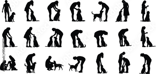 Silhouette Collection of People Interacting With Dogs Including Petting Training and Walking Poses for Animal Care and Domestic Theme