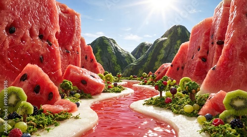 Creative food landscape with watermelon mountains and river. Conceptual art of summer fruits for healthy eating and beverage.