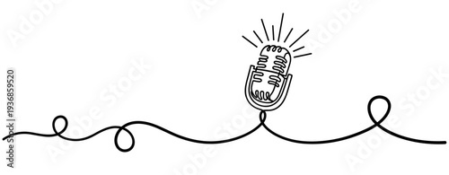 Microphone emitting sound waves on continuous line background. none editable strokes