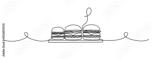 Three burgers arranged on serving board in continuous line. none editable strokes