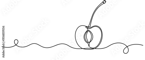 Cherry half with stem placed on continuous line surface. none editable strokes