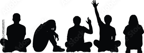 Silhouette Collection of People Sitting Cross Legged on Floor Including Waving Hand Raised and Sad Poses for Social Interaction and Diversity Theme