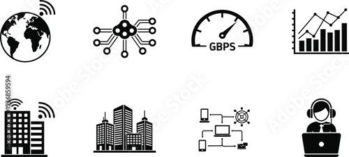 Set of athletic man silhouettes with smartphones and global technology icons for digital connectivity data speed and modern wireless communication concepts.