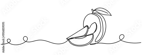 Peach sliced with wedge arranged on continuous line white background. none editable strokes