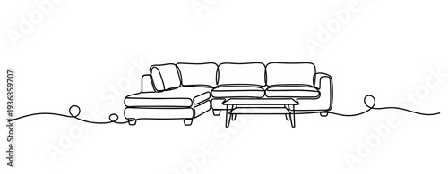 Sectional sofa arranged with coffee table on plain line floor. none editable strokes