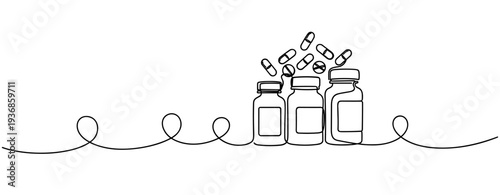 Medicine bottles spilling capsules in continuous line composition. none editable strokes