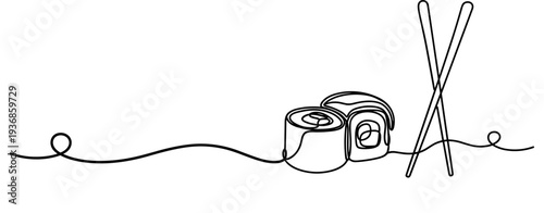 Sushi rolls arranged with chopsticks on continuous line. none editable strokes
