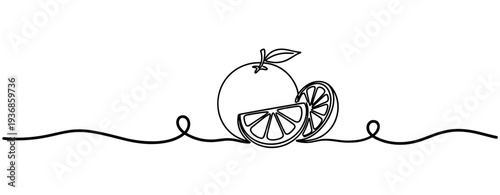 Whole orange and slices depicted in continuous line on flat surface. none editable strokes